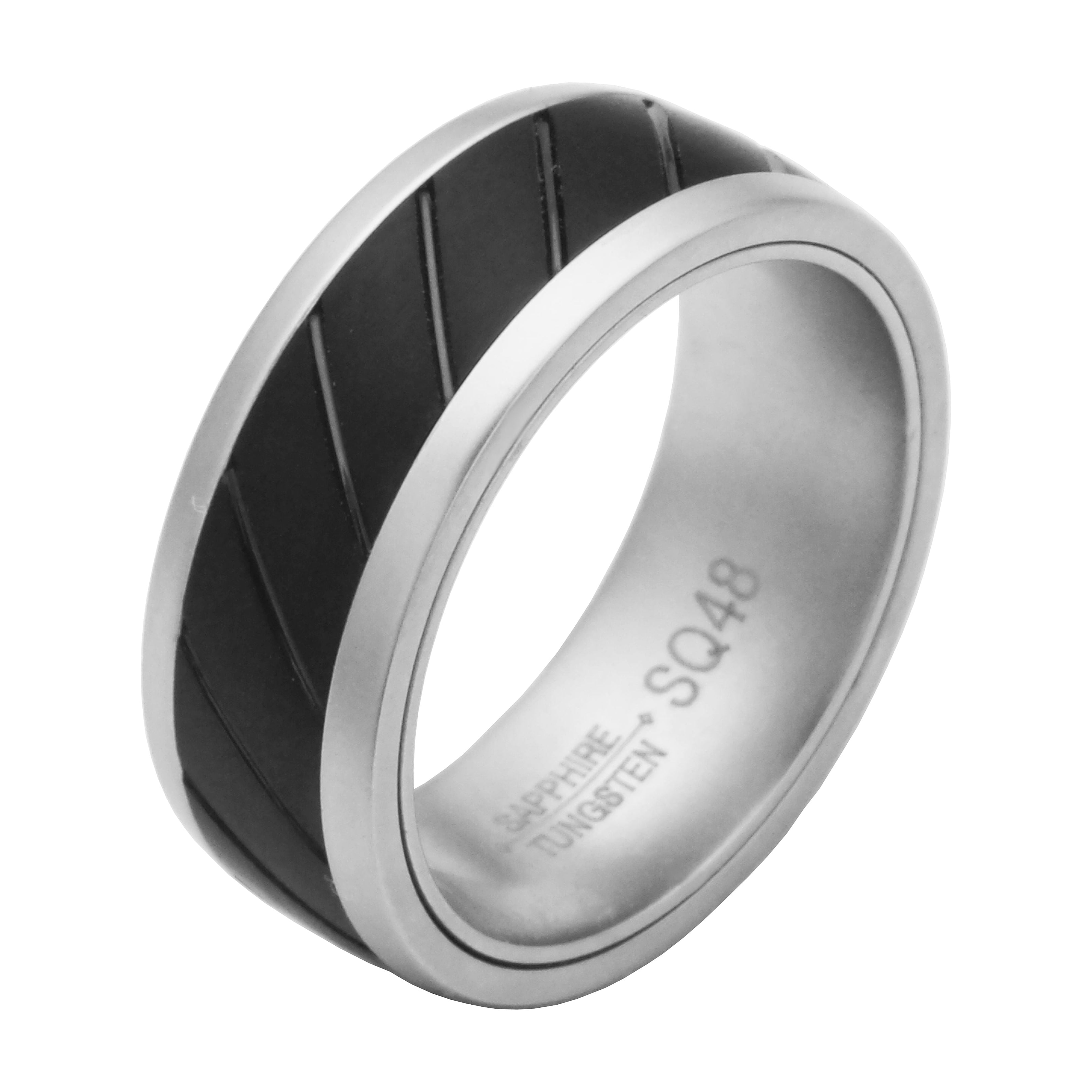 Sapphire Tungsten and Titanium 8mm Matte Finish with Etched Black Inlay Comfort Fit Wedding Bands Rings for Men, Size 11.5