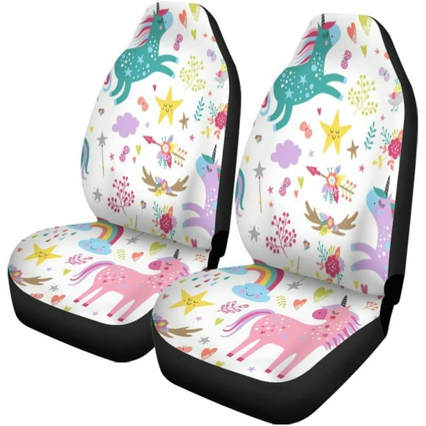 HATIART Set of 2 Car Seat Covers Blue Pattern Unicorns Pink Rainbow Star Baby Fun Girl Universal Auto Front Seats Protector Fits for Car SUV