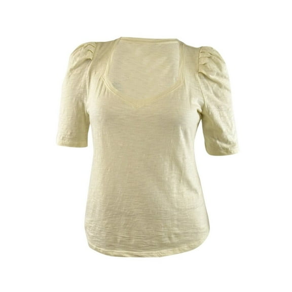 LAUREN RALPH LAUREN Womens Beige Pleated Curved Hem Short Sleeve V Neck Top L