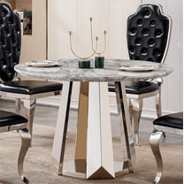 47 Inch Round Dining Table With High Gloss Faux Marble Top And Stainless Steel Base For Kitchen Dinning Room Modern Silver Gray Table Only