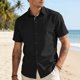 thumbnail image 1 of Blusa y camisa de manga corta con cuello vuelto para hombre, color liso, informal, holgada, a la moda, con botones, de manga corta y cuello vuelto, blusa de poliéster para hombre, 1 of 5