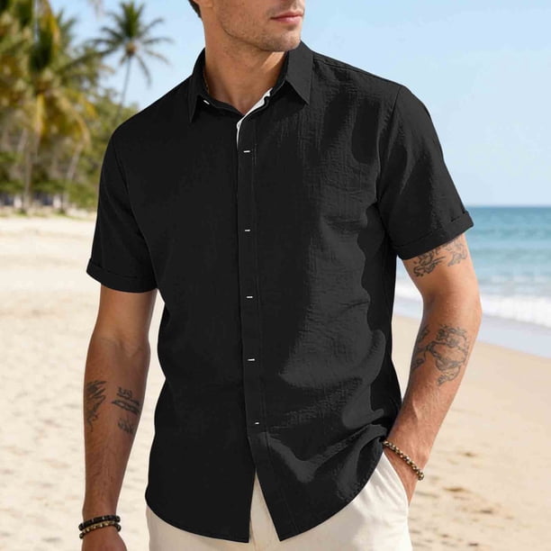 Blusa y camisa de manga corta con cuello vuelto para hombre, color liso, informal, holgada, a la moda, con botones, de manga corta y cuello vuelto, blusa de poliéster para hombre