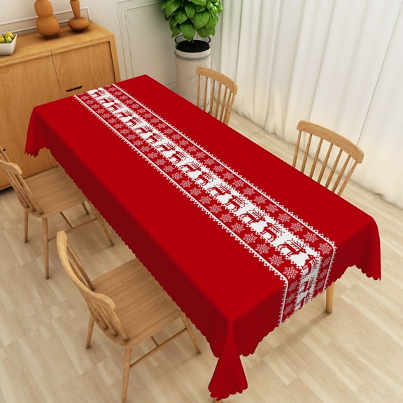 Nanqianyi Christmas Red Rectangular Tablecloth 60 x 102 inch, White Reindeer Snowflakes Pattern Printed for Holiday Family Gatherings
