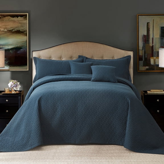 Blythease Oversized King Bedspread 128x120 Extra Wide, Modern & Contemporary Look, Lightweight Bedding Cover, Reversible, 5 Piece, 100% Microfiber, Navy Blue