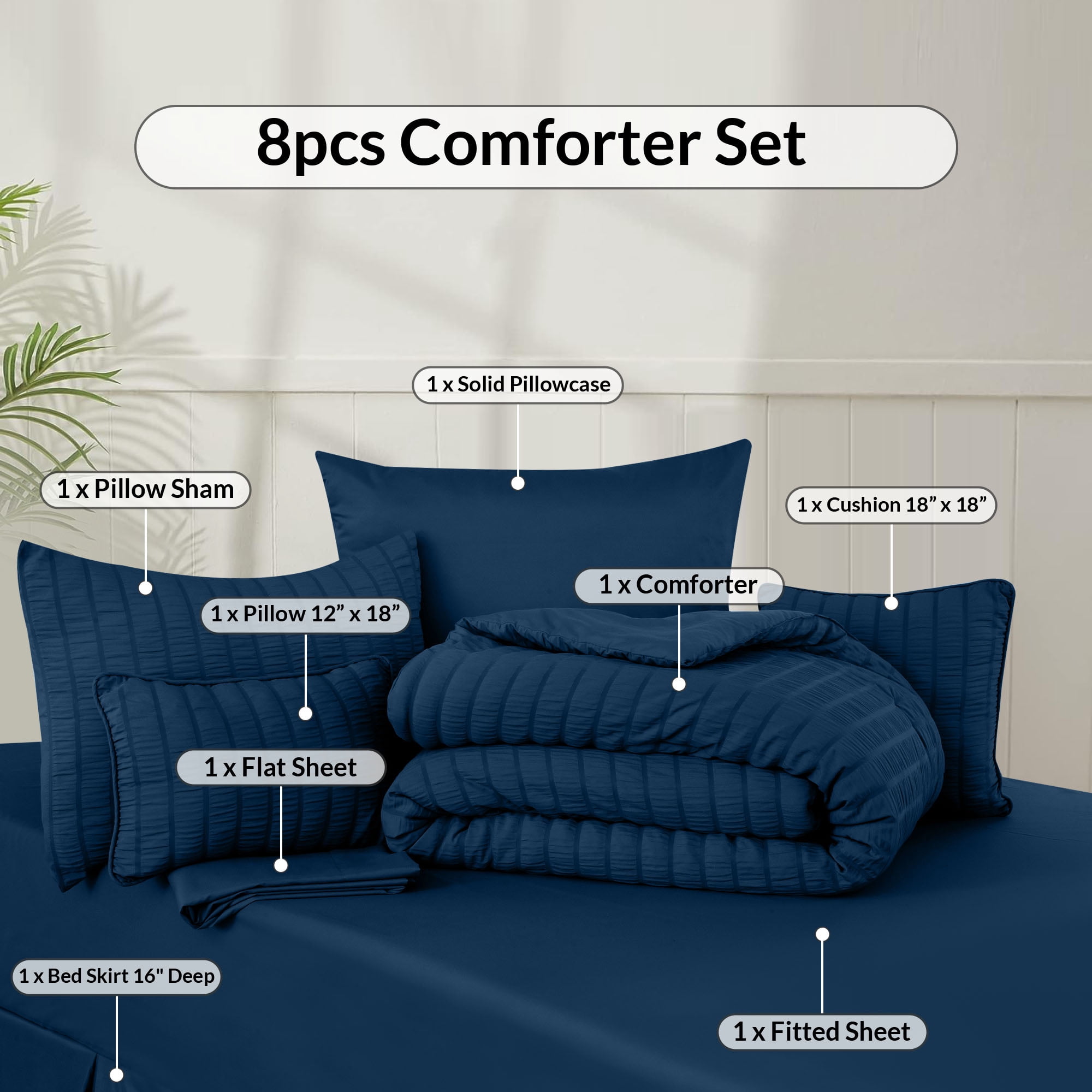 Lux Decor Collection Twin Seersucker Bedding Comforter Set – All-Season 8 Pieces Bed in a Bag Includes Comforter, Sheets, Pillow Sham, Bed Skirt & Decorative Pillow for Ultimate Comfort - Navy