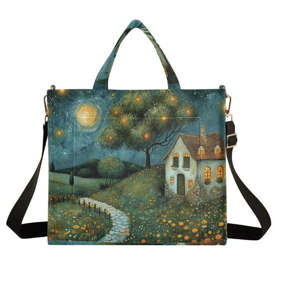 Starry Sky House Trees Gland Corduroy Tote Bag Handbag Large Messenger Bag Shoulder Crossbody Zipper Bag Purse