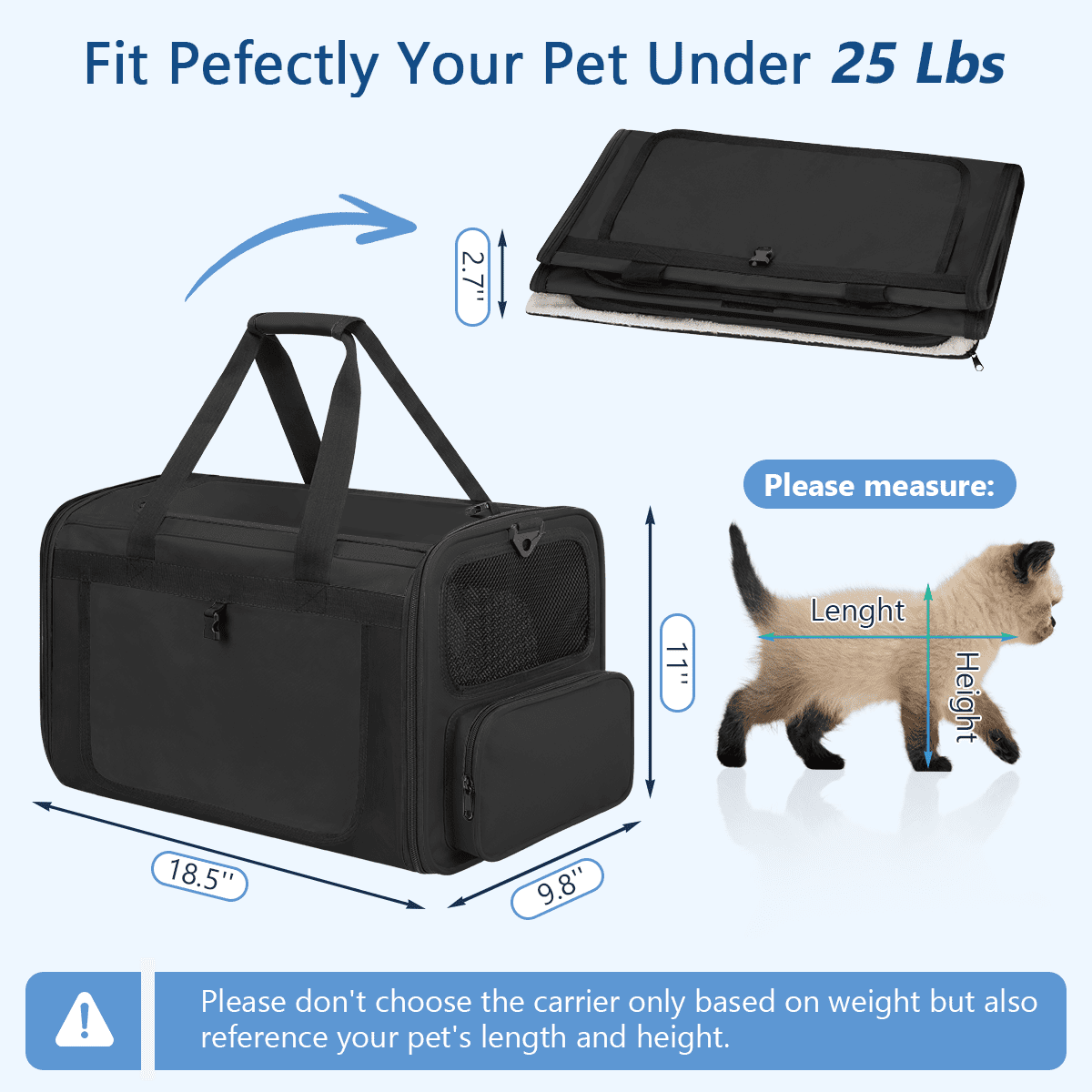 CshidWorld Collapsible Cat Carrier Pet Carrier for Large Cats (up to 25lbs), TSA Airline Approved Cats Carrier Soft Sided, Small Dog Travel Bag with a Bowl/Safety Leash-Black