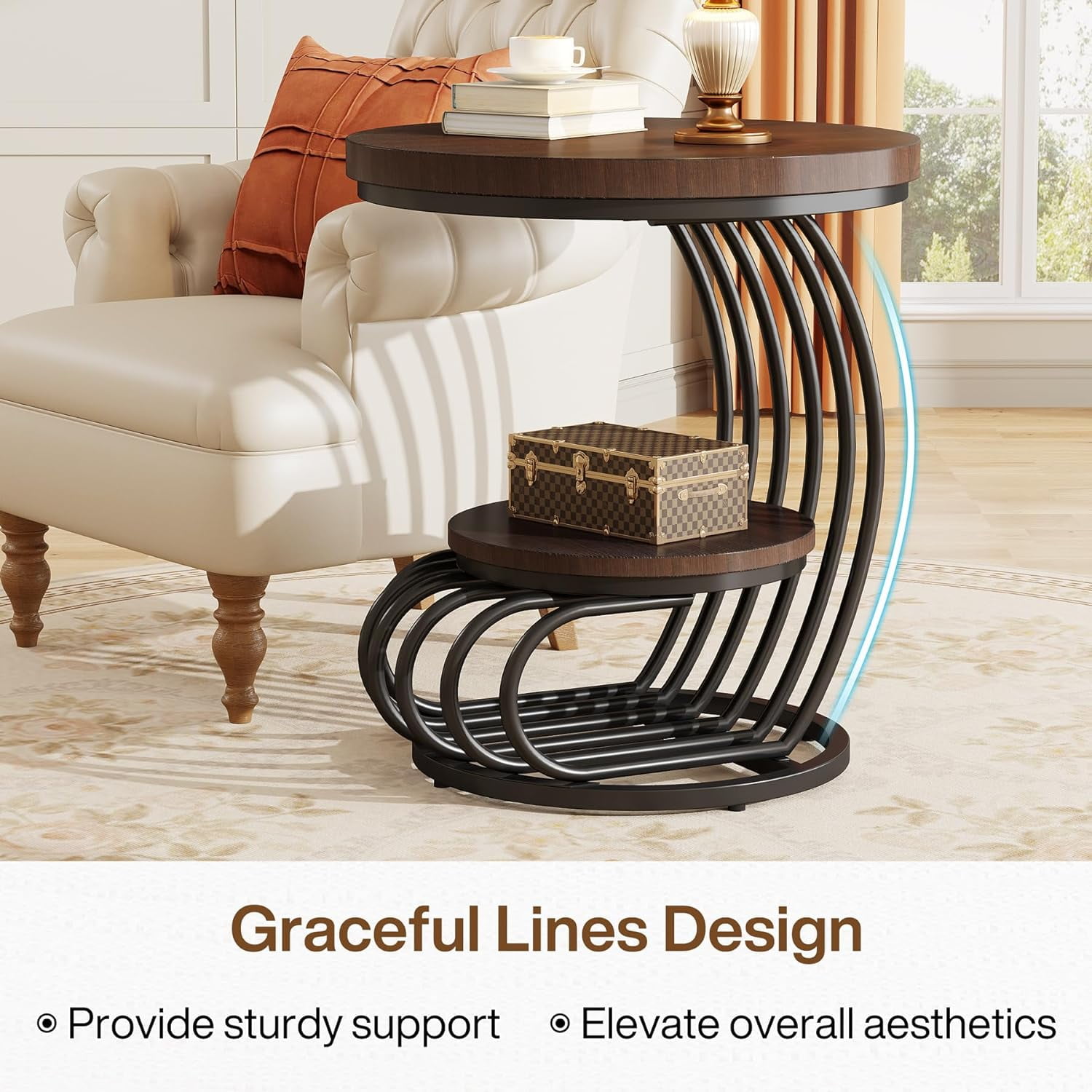 Tribesigns Round End Side Table, Side Table with 2 Tiers Storage Shelves, Vintage End Table for Living Room