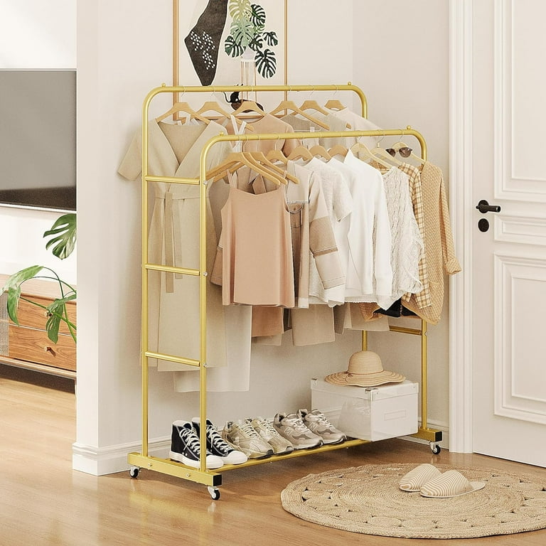 Double Rods Clothing Rack with Wheels Garment Rack for Hanging Clothes Multi functional Bedroom Clothes Rack Gold Walmart