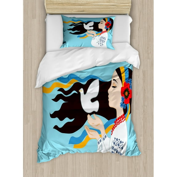 Hippie Twin Size Duvet Cover Set, The Girl Wearing Ukranian Ethnic Costume and Hairband Sends a Dove for World Peace, Decorative 2 Piece Bedding Set with 1 Pillow Sham, Multicolor, by Ambesonne
