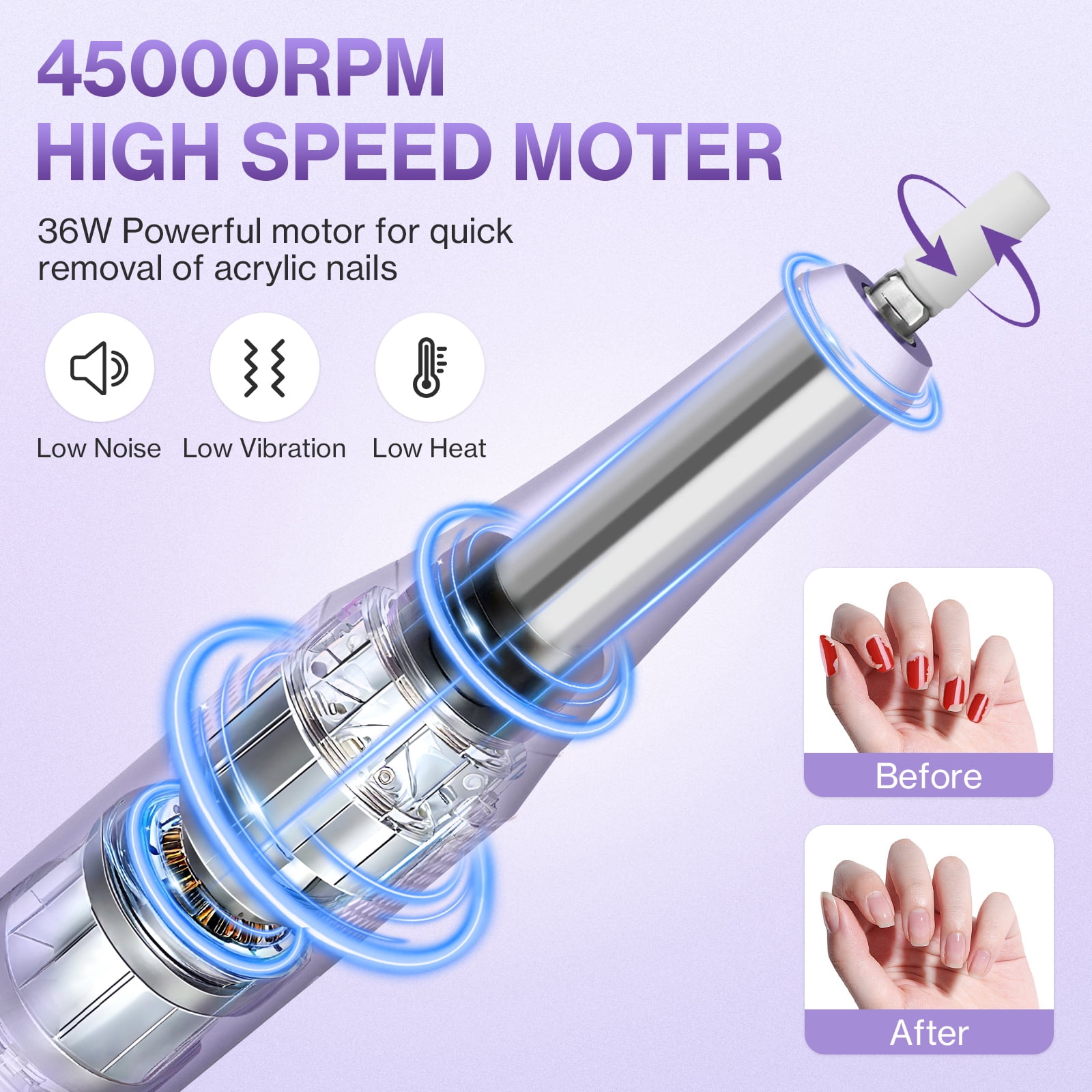 Electric Nail Drill Professional 40000RPM, Smart Touch Display Electric Nail File, Nail Drill Kit for Remover Acrylic & Gel Nails Manicure for Salon Home,Purple
