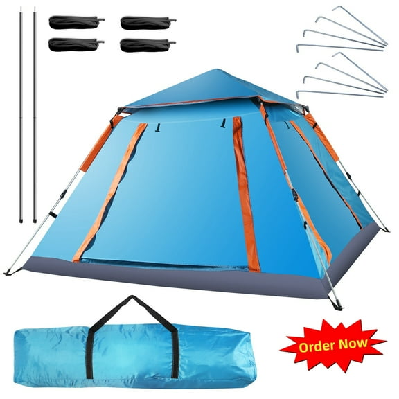 Tcbosik 4 Person Pop-Up Tent with Carry Bag for Camping, Waterproof & Windproof Instant Family Tent w/2 Mosquito Nets Windows, Easy Setup Beach Tent for Outdoor, Hiking, Traveling, Backpacking, Blue