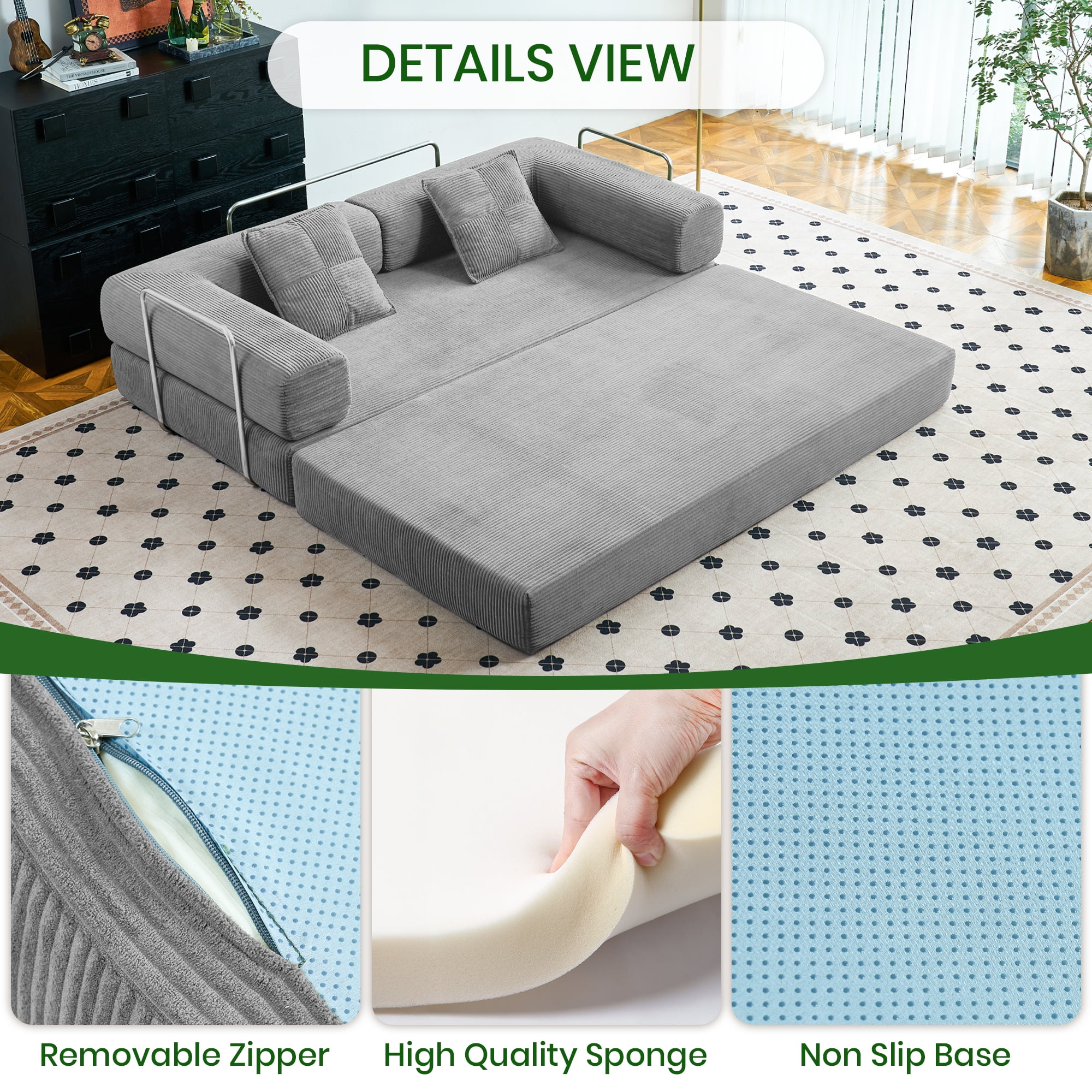 YINIX 81.6" King Size Convertible Sleeper Sofa Bed with 2 Pillows, Corduroy Folding Mattress Couch with Pull Out Bed, Removable Floor Sofa Lounge Couch for Living Room Small Spaces,Gray