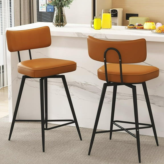 Swivel Counter Height Bar Stools Set of 2, 26 inch Orange Leather Kitchen Counter Stools with Backs, Metal Legs and Footrest, Bar Chairs for Kitchen Island