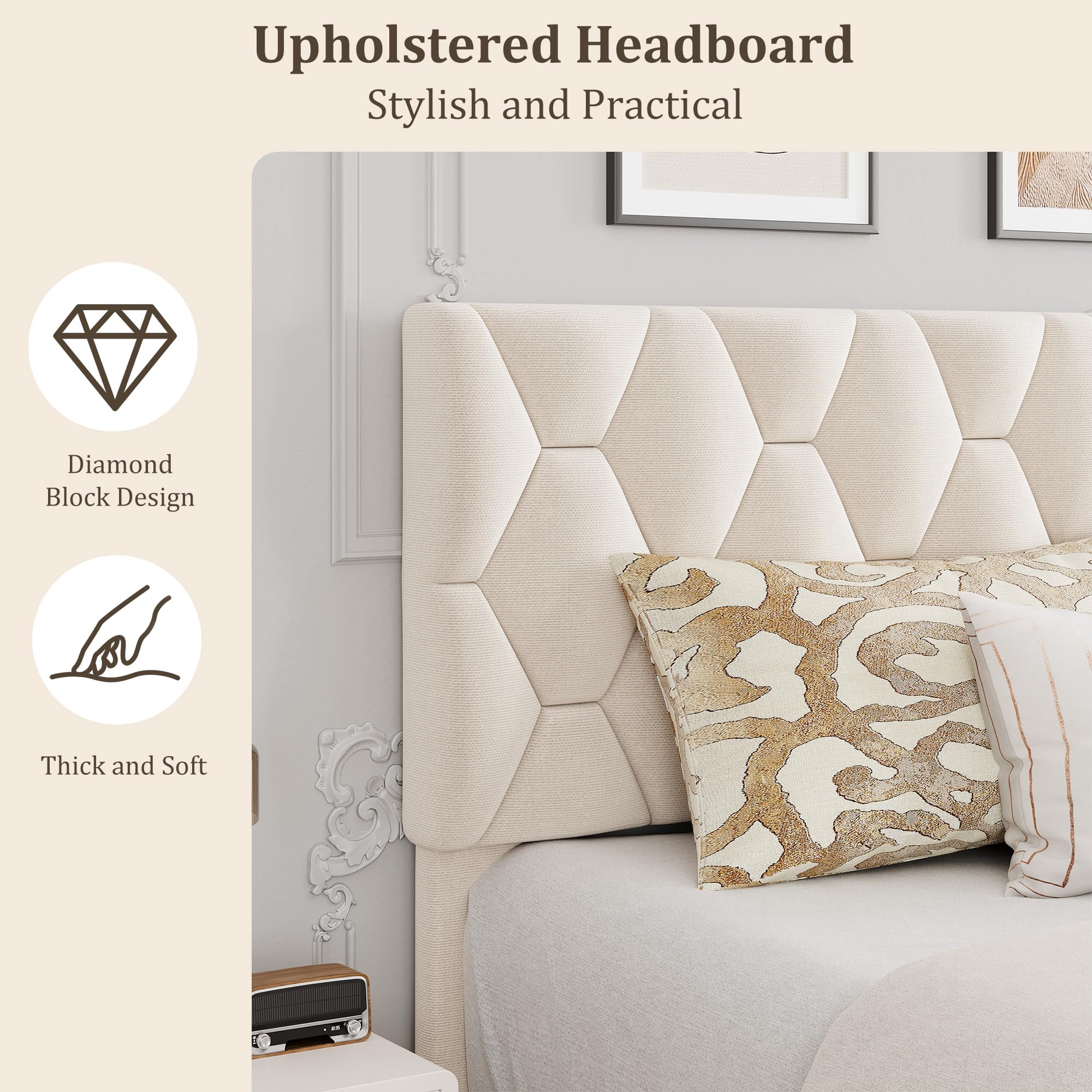 PYY Modern Upholstered Bed Frame – King Size, Beige – Adjustable Headboard, Heavy Duty Platform, Strong Wood Slats, Noise-Free, No Box Spring Needed, Easy Assembly – Bedroom Furniture – Beige