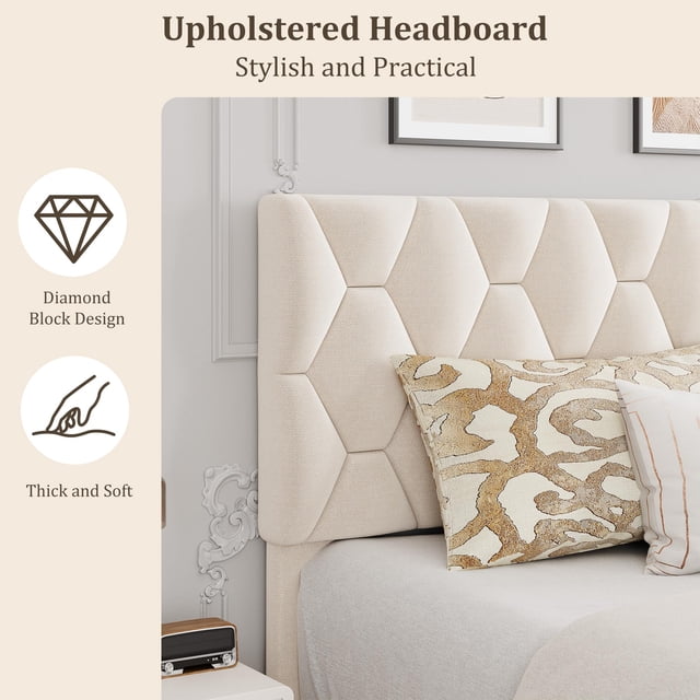 Upholstered Platform Bed Frame – Adjustable Headboard – Heavy-Duty Wood Slat Support – Noise-Free, Easy Assembly – No Box Spring Needed – Modern Bedroom – Color: Beige, Size: Full