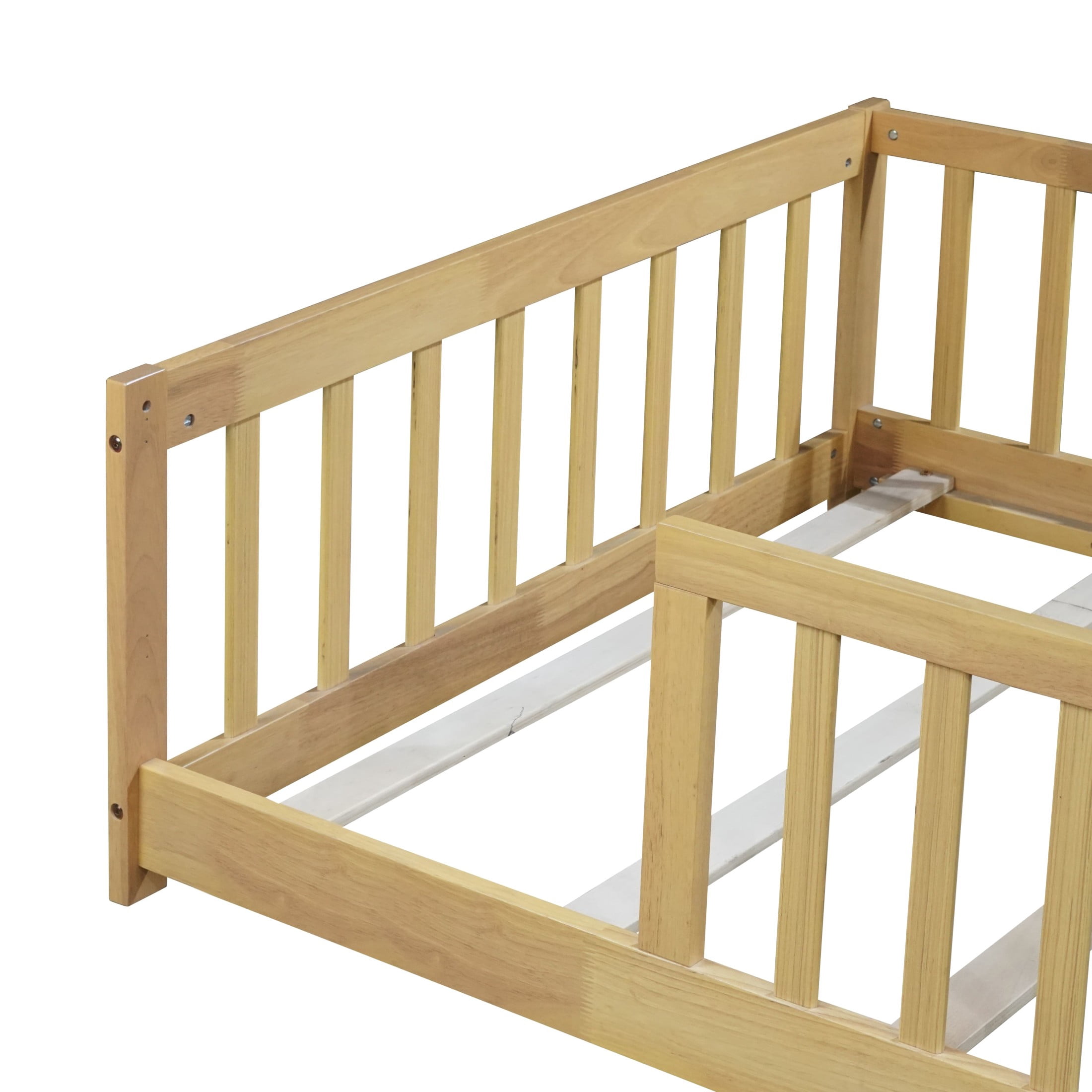 Noble House Erika Twin Floor Bed with Safety Fence, Rubber Wood Montessori Bed Frame, Kid's Room, Natural