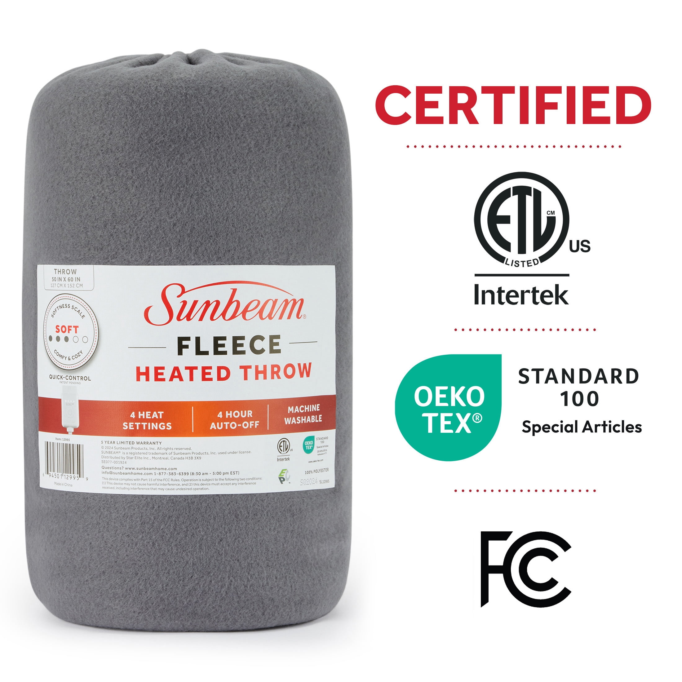 (4 pack) Sunbeam Throw Grey Fleece, 4 Heat Settings, 4-Hour Auto Shut-Off, Electric Heated Blanket, 50” x 60”