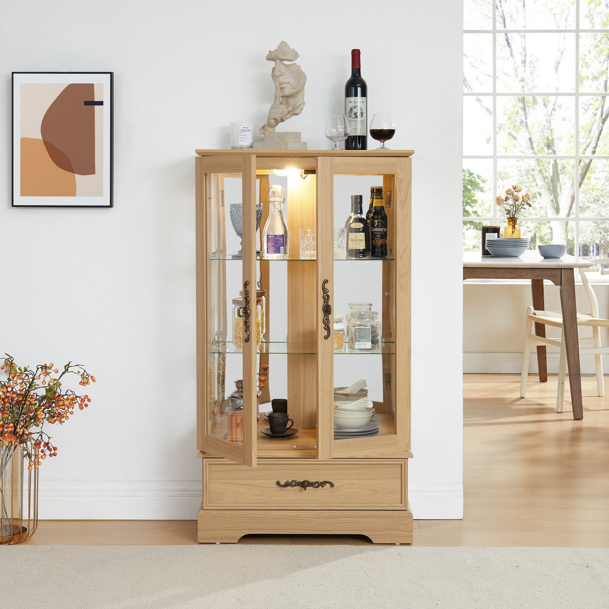 AENKYO 47" Retro Glass Curio Cabinet with Light Bulb - Vintage Display Case with Adjustable Glass Shelves, Oak