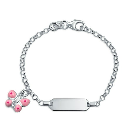 Baby Girl ID Tag Bracelet Butterfly Charm Dangle 925 Silver Pink Enamel 5 inch