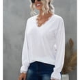 thumbnail image 4 of Mujeres de manga larga Top encaje cuello en V poliéster suelta transpirable máquina lavable ropa blanca L, 4 of 7