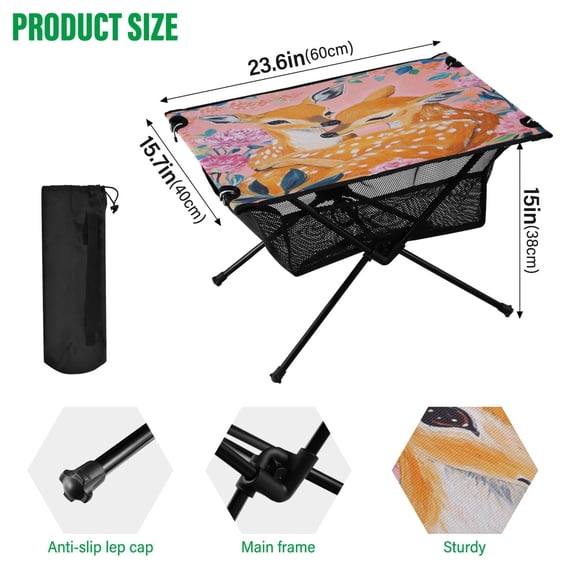 BZSMCE Camping Tables Simple Folding Table Tender Fawn Embrace Pattern Size:23.6*15.7in
