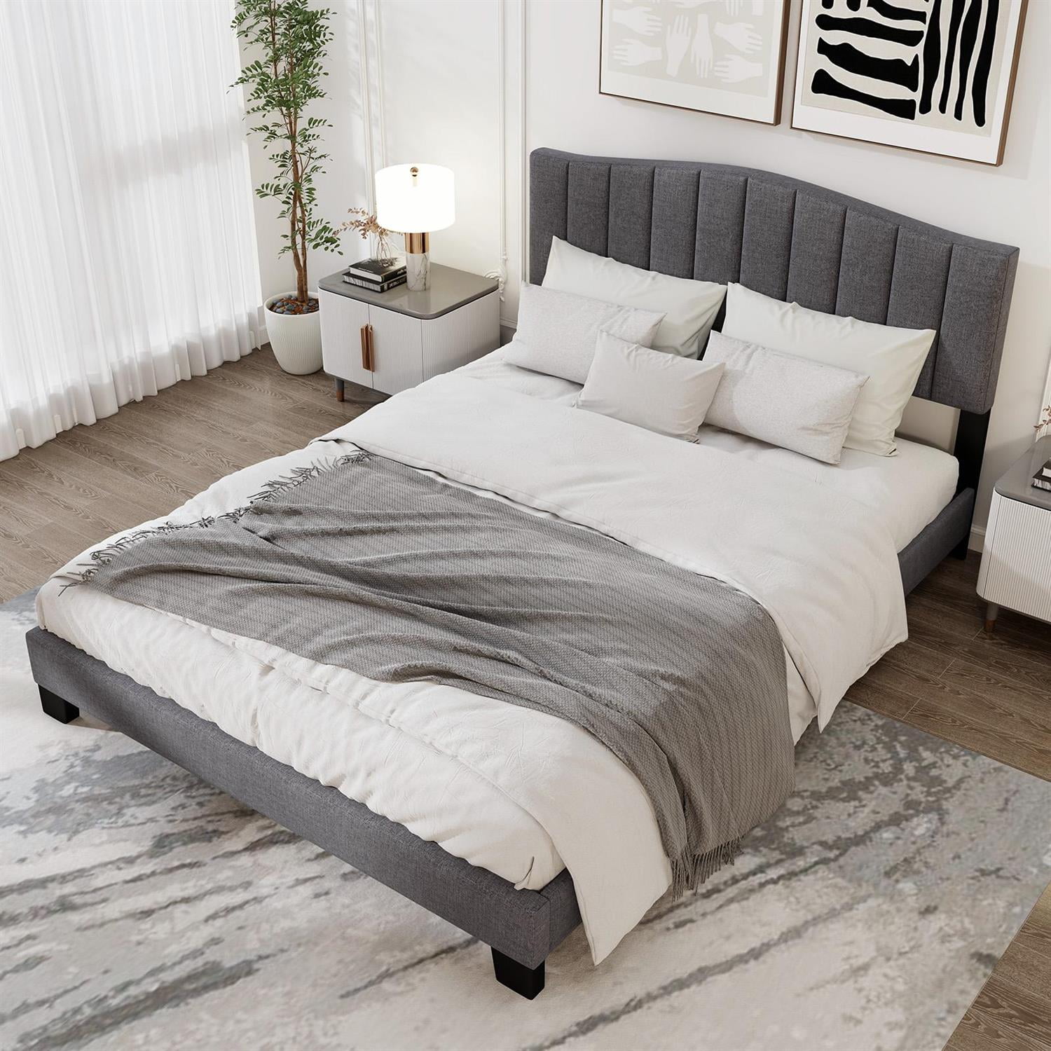 Spaco Queen Size Modern Upholstered Bed Frame, Adjustable Vertical Channel Tufted Headboard, Linen Fabric & Foam, 12 LVL Slats, Gray + Black
