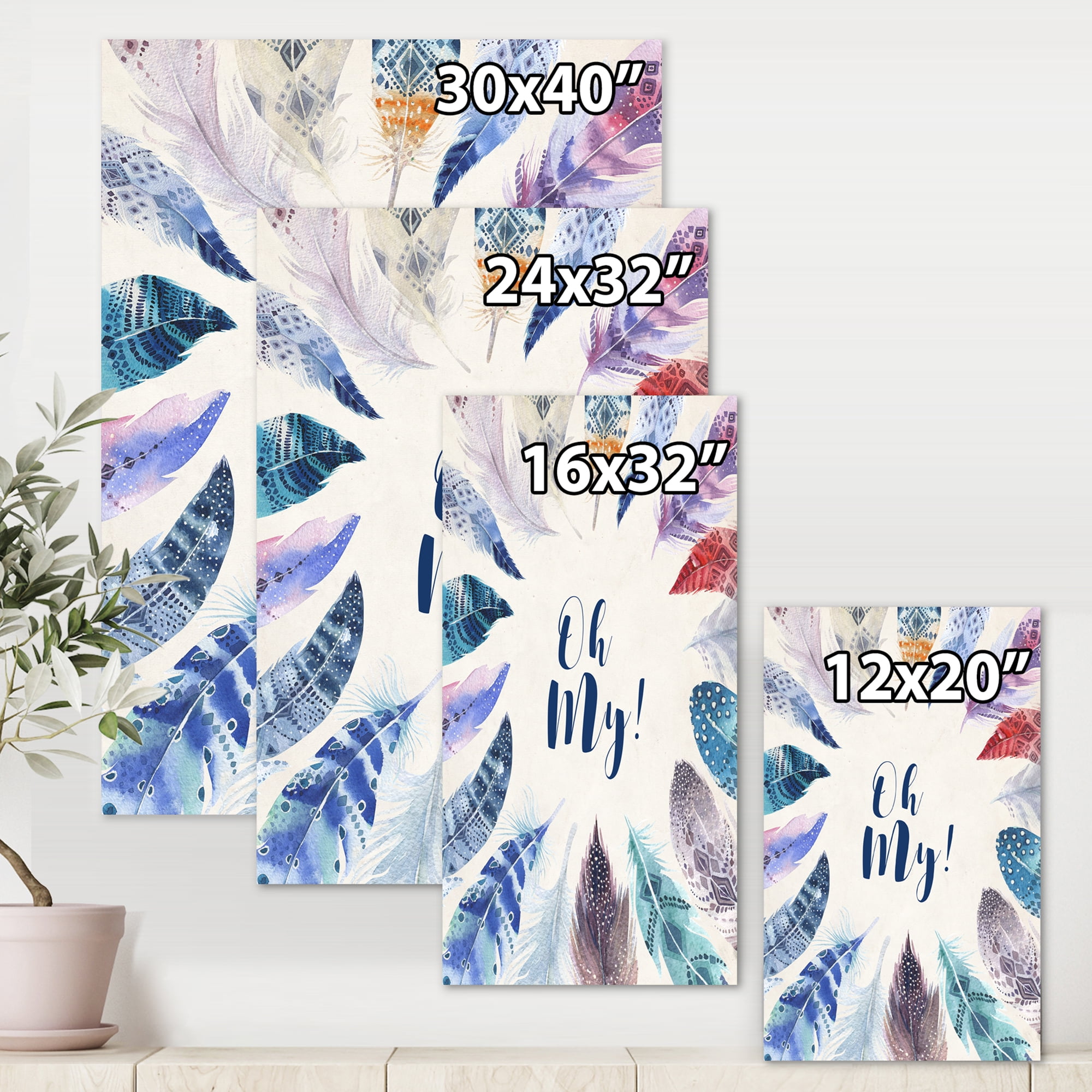 Designart ' Vital Blue Feathers Oh My ' Bohemian & Eclectic Canvas Wall Art Print