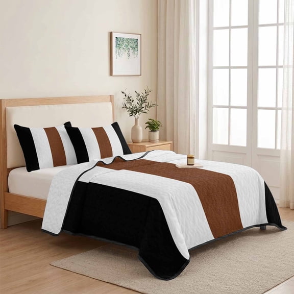 Boho Black Full Size Quilt Set Lightweight Bedspread Coverlet Set, Brown and White Striped Tribal Farmhouse Style Quilted Bedding Cover with 2 Pillow Shams for All Season Layering 78"x90"