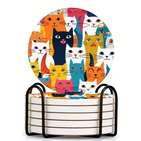 Vibrant Pattern Of Cartoon Cats In Various Colors Set of 6 Ceramic Coasters with Holder, Absorbent Drink Bar Coasters, Table Coasters for Living Room Decor Tabletop Protection