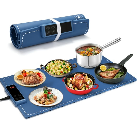 Hyindoor 24"x15" Food Warming Mat, Electric Warming Tray Roll Up Food Warmers with Adjustable Temperature & Time Controls for Parties Buffets and Home Use (Blue)