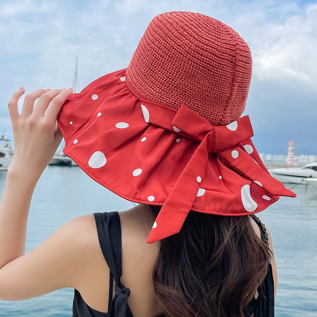 LinYooLi Dot Shading Hat Summer Female Vinyl Bow, Large Eaves Sunscreen Hats