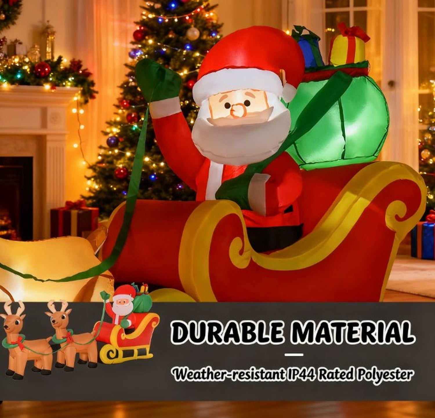Inflatable Santa Claus with Sleigh and Reindeer Yard Decoration with LED Lights, Red/Yellow, 94.5 x 22.5 x 44 in