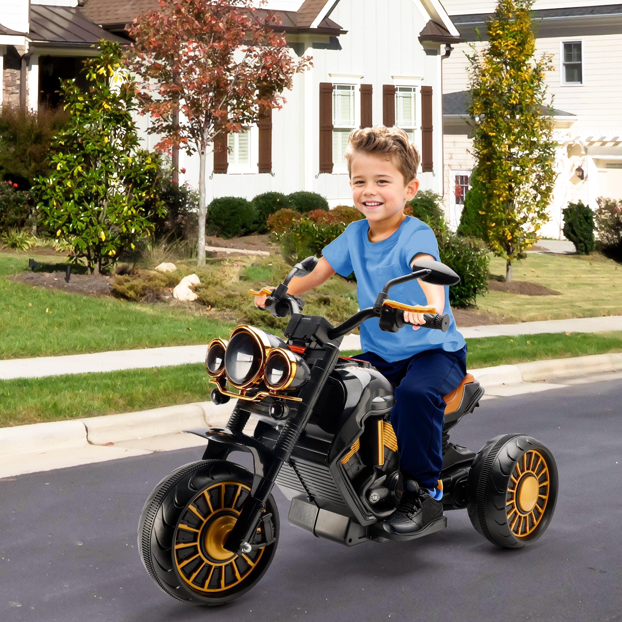 Bruce&Shark Kids Electric Motorcycle Ride On Toy, 3-Wheel Chopper, Dual Drive Battery Powered Motorbike for Kids 1-8 years Boys Girls