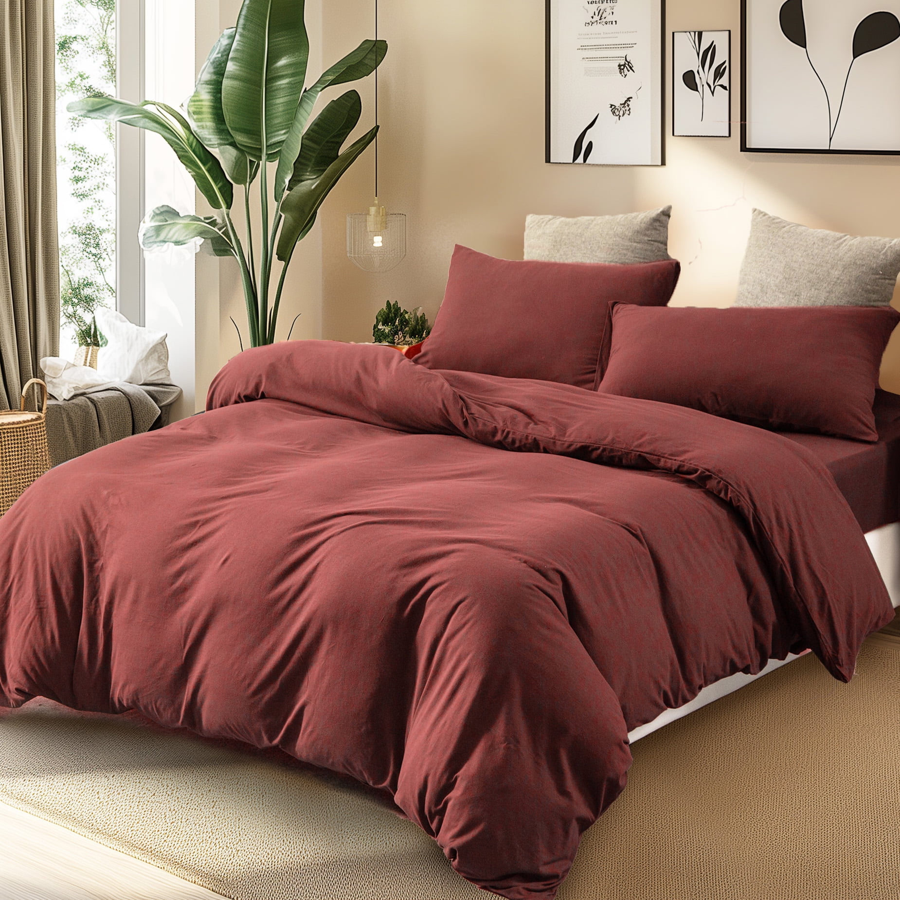 PURE ERA Duvet Cover Set Jersey Knit Solid 100% T-Shirt Cotton Ultra Soft 3pcs Bedding Set(Queen,Brick Red)