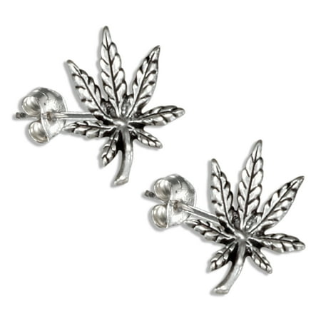 Sterling Silver Leaf Design Earrings - STERLING SILVER MARIJUANA POT LEAF EARRINGS ON STAINLESS STEEL POSTS AND NUTS