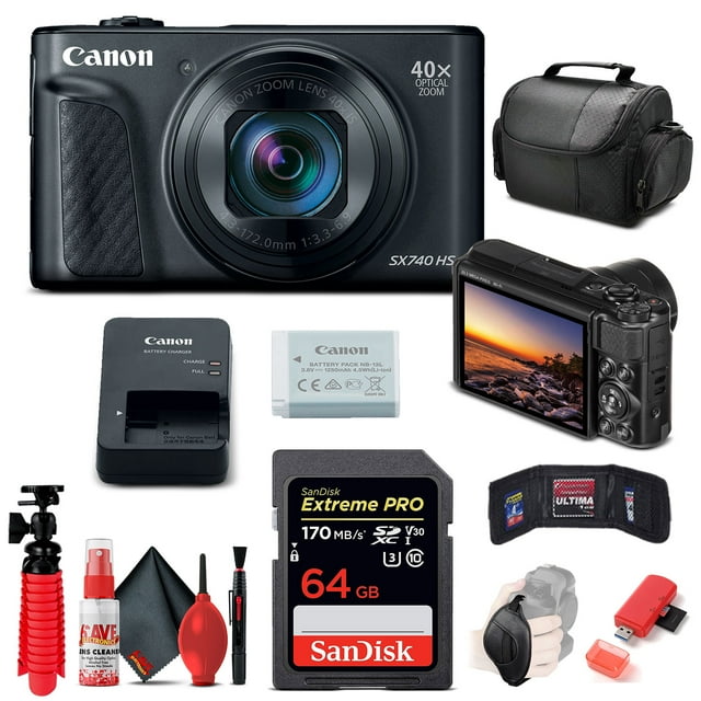 Canon PowerShot SX740 HS Digital Camera (Black) + 64GB Card + Card Reader + Deluxe Soft Bag + Flex Tripod + More (International Model)
