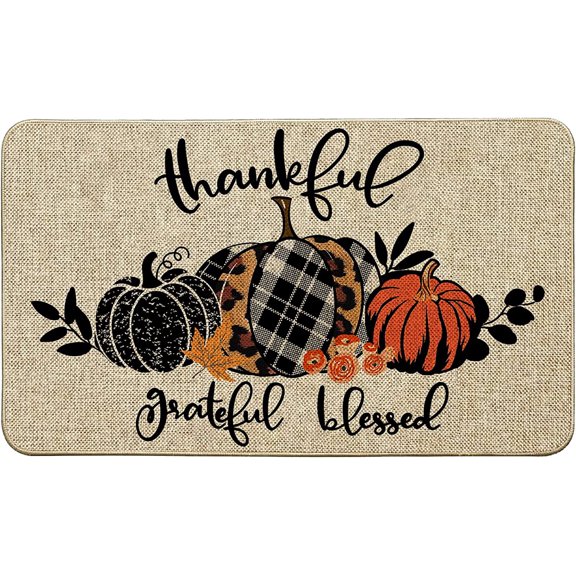 Fall Pumpkin Doormat,Thankful Grateful Blessed Thanksgiving Autumn Decorative Outdoor Rug Mat Non Slip Rubber Back for Entrance Outside Indoor Kitchen Decoration 30x17 Inch