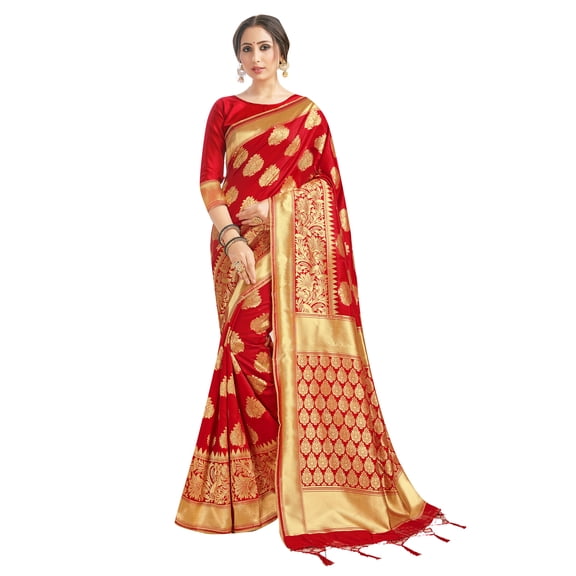 Sarees for Women Banarasi Art Silk Woven Sari - Indian Gift Diwali Festival Saree with Unstitched Blouse Red