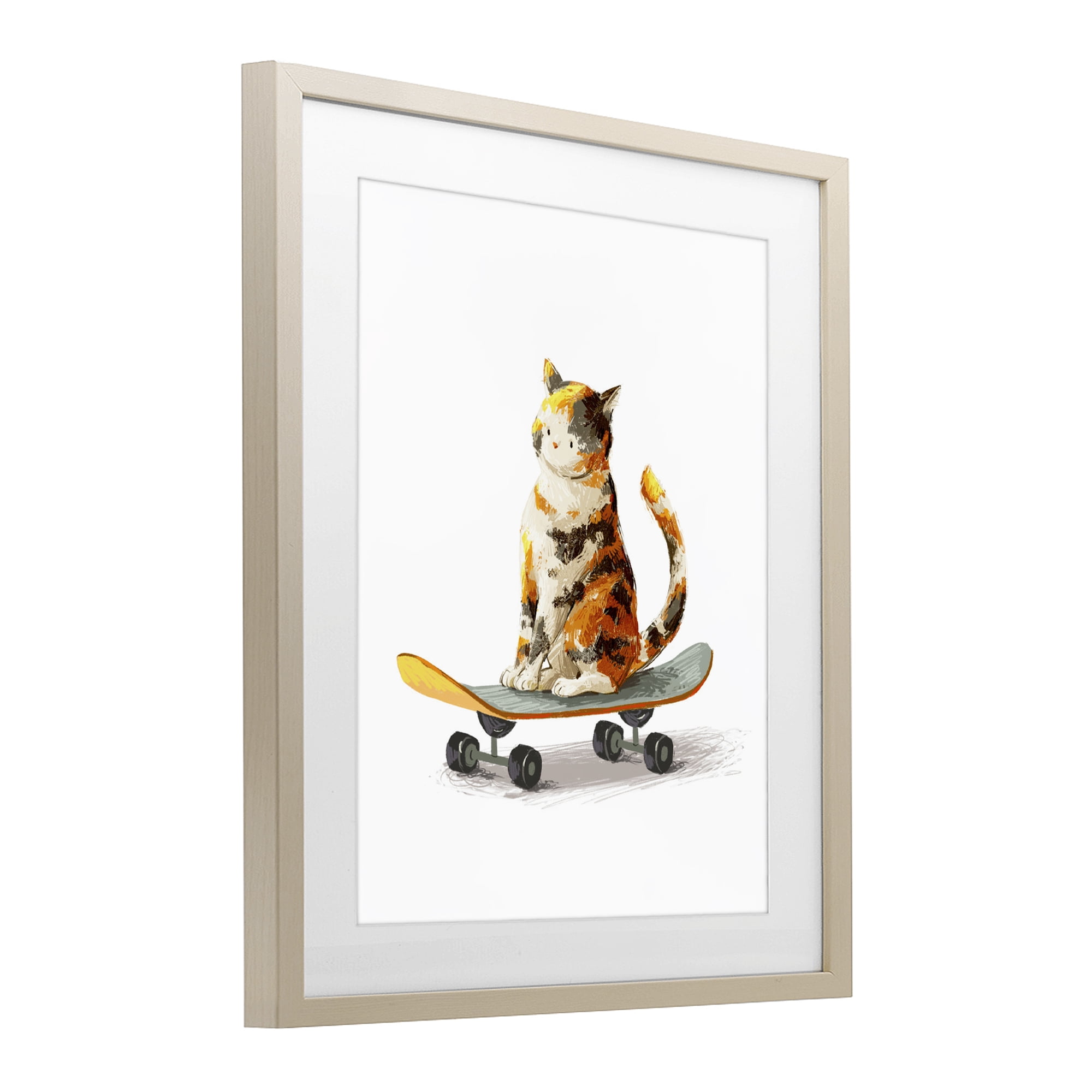 Stupell Industries Calico Cat on a Skateboard Birch Framed Print Under Glass, design by Ziwei Li