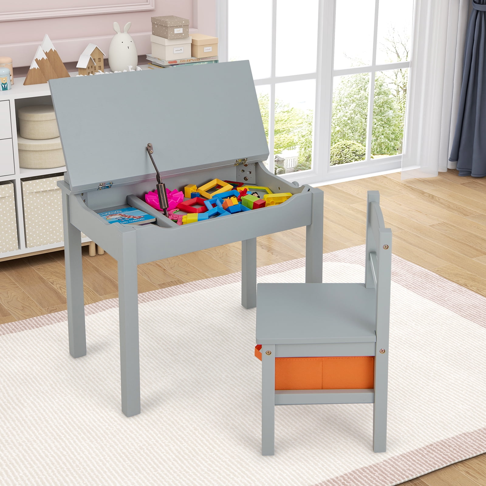 Gymax Kids Table and Chair Set Wood Activity Study Desk w/ Storage Drawer Hook Grey