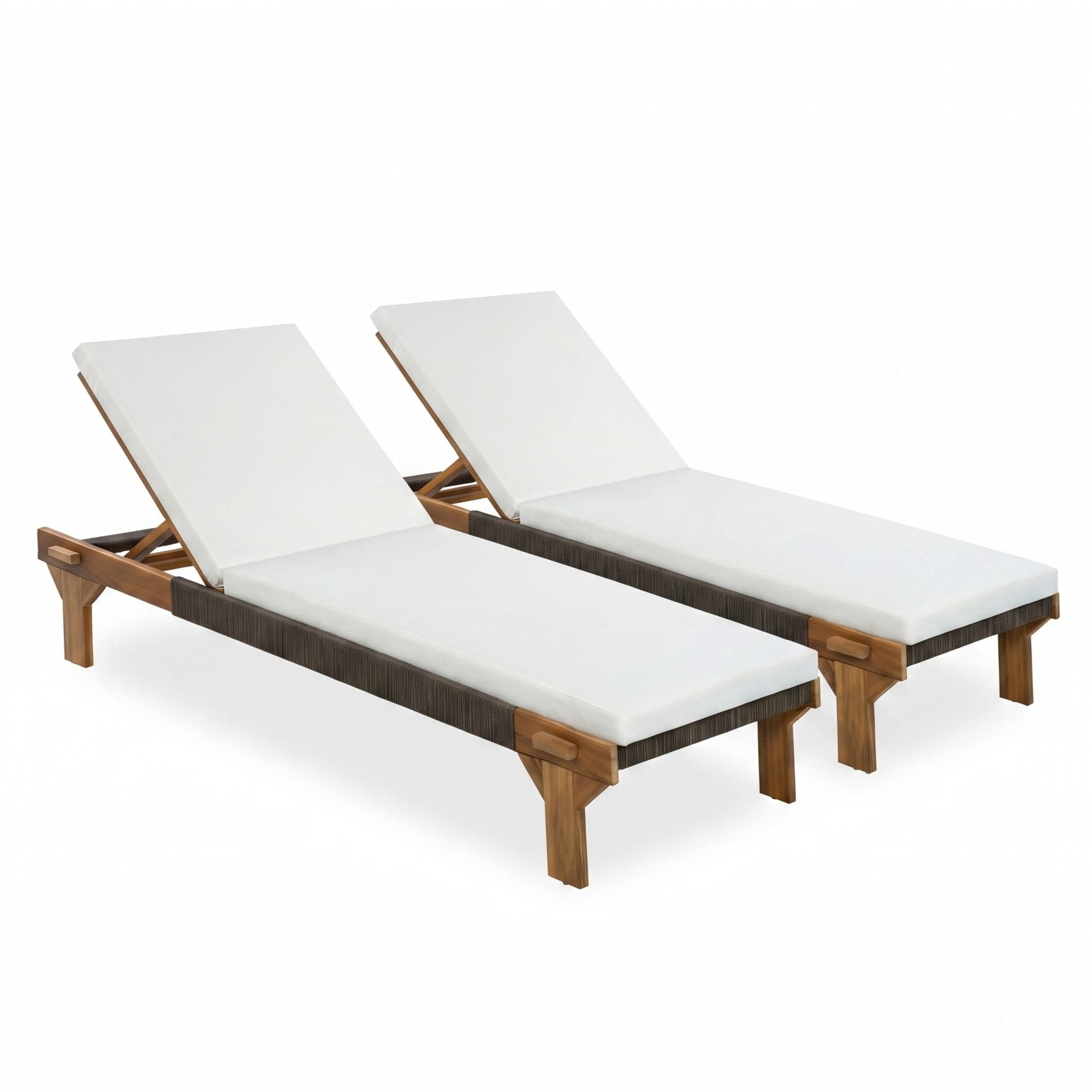 Christopher Knight Home Outdoor Acacia Wood Chaise Lounge with Rope Accents and Cushion, Teak+Cream, Set of 2