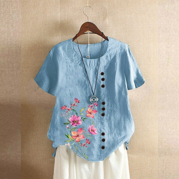 CaiJunJia T Shirts for Women,Women's Linen Shirts Short Sleeve Cotton Flower Blouses Casual Loose Round Collar Solid Boxy Tunics Top