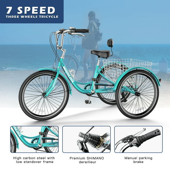 FICISOG Adult Tricycles for Women, 20 Inch 7 Speed 7 Wheel Bike for Adult w/Large Basket, Double-Wall Wheel Rims, Cruiser Trike for Seniors Shopping Picnic