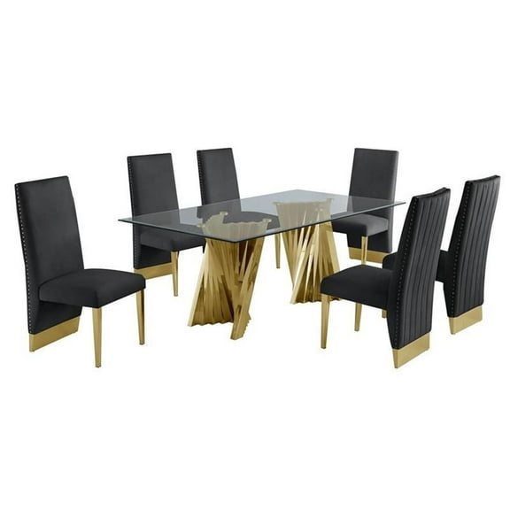 Kingfisher Lane Clear Glass Dining Set with Table and 6 Black Velvet Chairs
