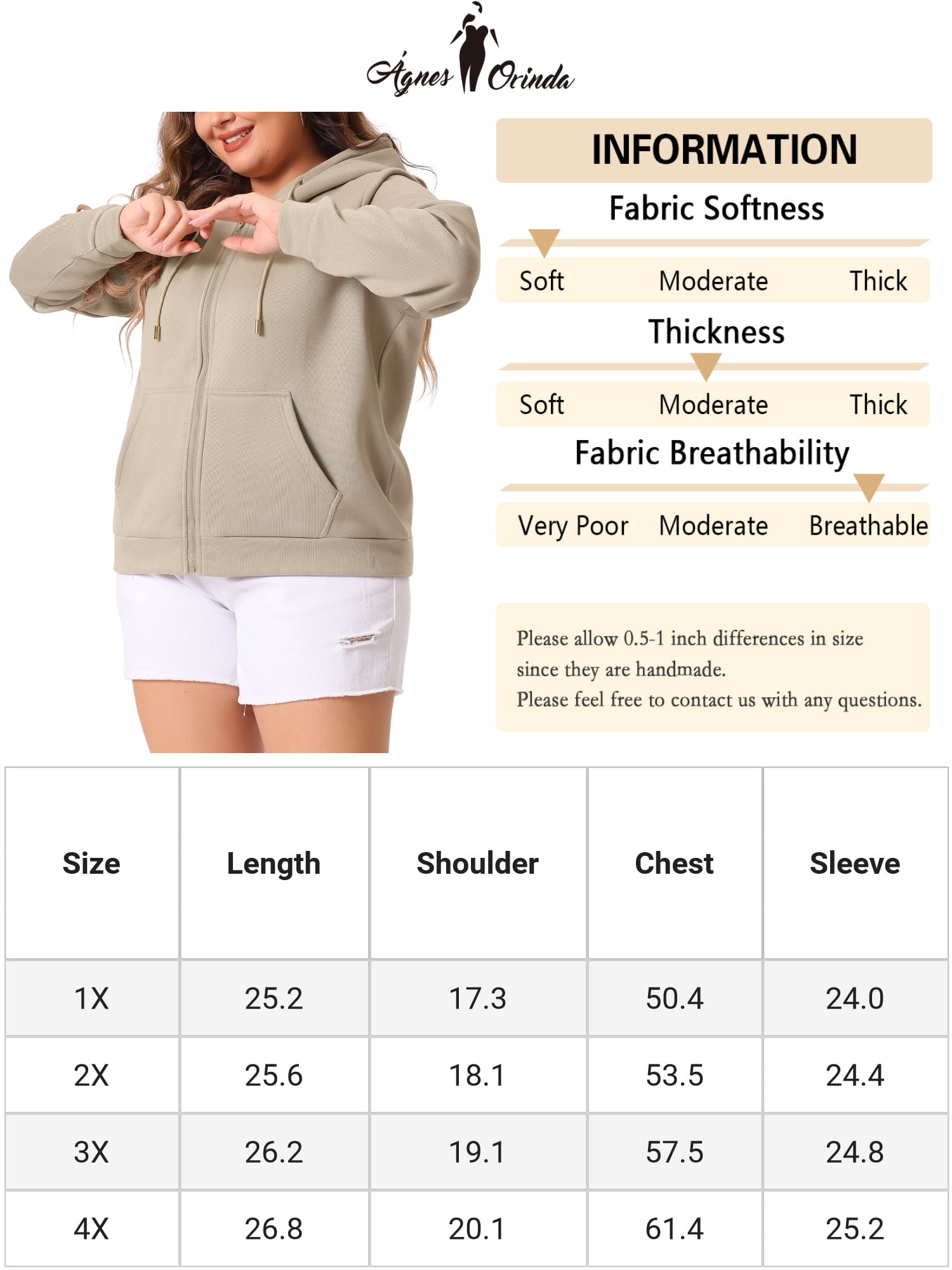 DARING DIVA Plus Size Zip Up Long Sleeve Hooded Jacket 3X Khaki