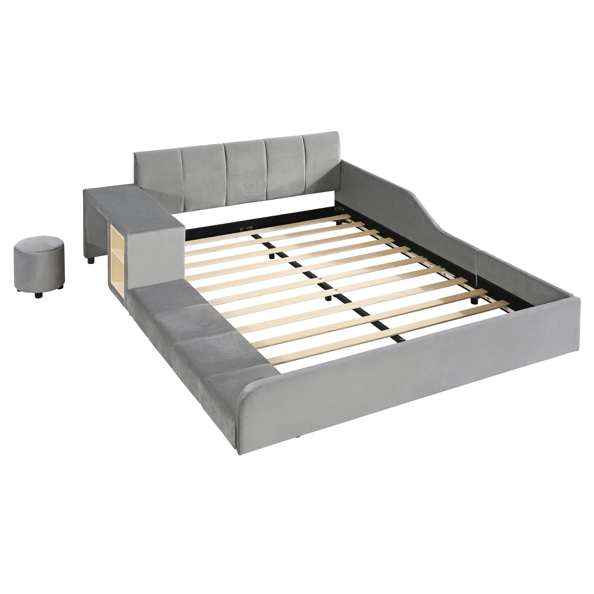 Aukfa Full Size Velvet Upholstered Mother & Child Bed Frame, Grounded Platform Bed with Bedside Desk & Round Stool, Floor Bed for Kids & Adults Bedroom, Gray