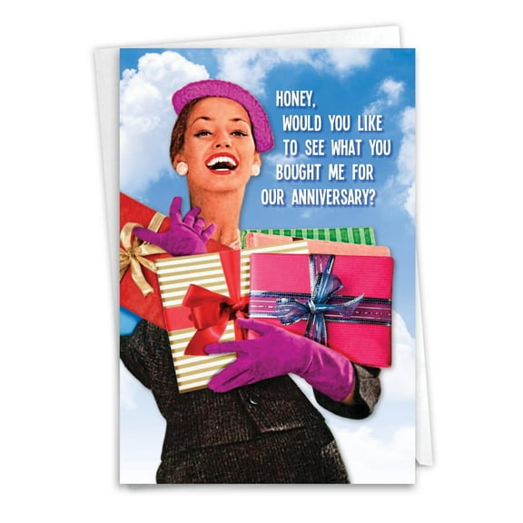 NobleWorks Funny Anniversary Greeting Card with 5 x 7 Inch Envelope (1 Card) Couple, Husband, Wife, Parents Anniversary Congratulations What You Bought Me C2334ANG