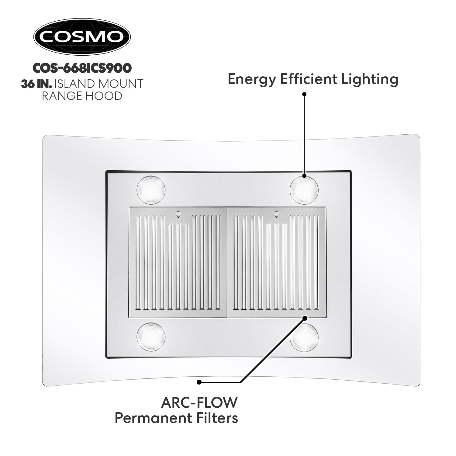 Cosmo 36 in. Ductless Island Range Hood in Stainless Steel with LED Lighting and Carbon Filter Kit for Recirculating