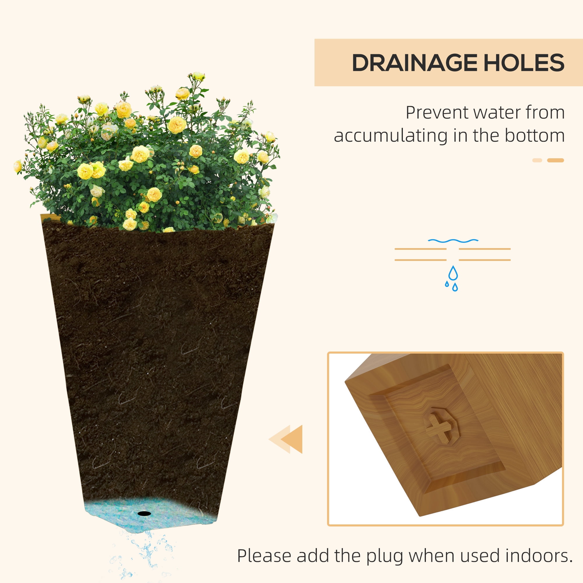 Outsunny Set of 3 Tall Outdoor Planters w/ Drainage Holes Light Brown
